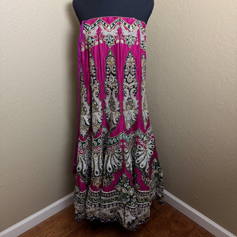 Handmade Mexican Folklorico Festival Skirt Beaded Rhinestone Fuchsia 30"